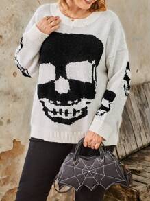 Plus Size Women Skull Pattern Crew Neck Long Sleeve Casual Sweater, Autumn Winter Knit Pullover Fall - Black and White - View 6