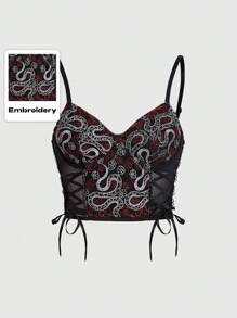 ROMWE Goth Women's Snake Printed Mesh Sheer Cami Top - Burgundy - View 1