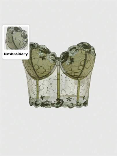 Fairycore Floral Embroidery Mesh Tube Top