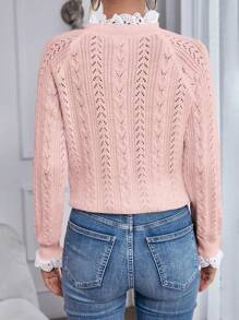 Chiquease 纯色拼布长袖镂空简约套头毛衣，休闲日常 - 淺粉色 - 查看 2