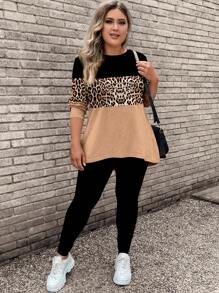 SHEIN LUNE Bộ 2 chiếc/Bộ áo thun dài tay họa tiết da báo tương phản cỡ lớn cho nữ và quần tập yoga, phù hợp cho mùa thu/đông - màu đen - Xem 4