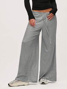 SHEIN BASICS 女士休闲针织条纹宽松阔腿全长裤