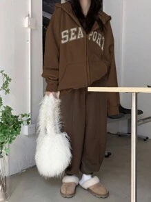 DAZY Women's Loose Fit Letter Print Fleece Sweatshirt, Autumn,Long Sleeve Tops Hoodie,Fall Women Clothes Jacket Zip Up,Winter