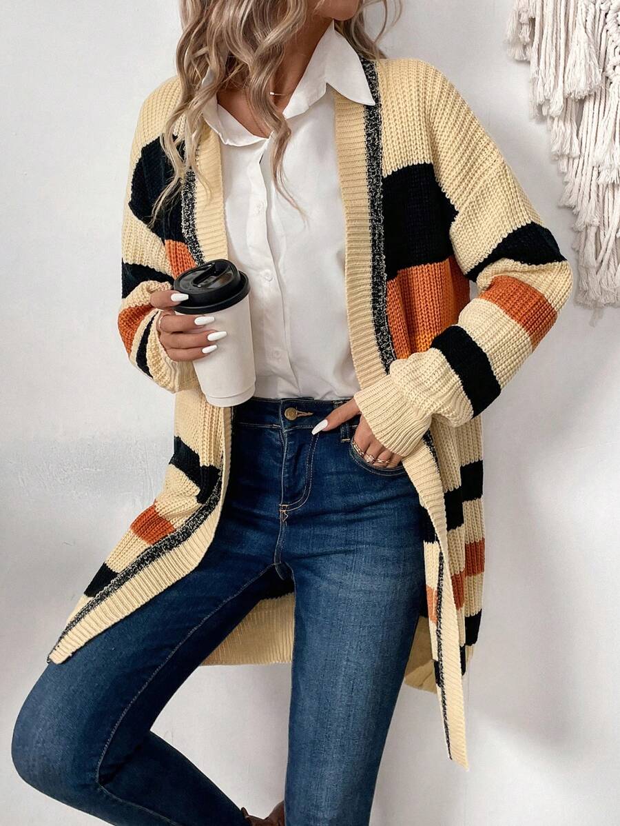 SHEIN LUNE Women's Loose Shawl Collar Striped Cardigan, Autumn & Winter Fall Cloth For Women - Multicolor - View 1