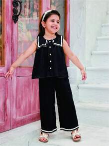 SHEIN Conjunto de calças compridas plissadas de algodão com lapela grande estilo universitário 2 peças