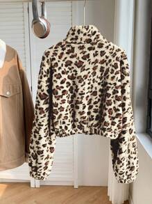 Comfortcana Women's Leopard Print Fleece Zip-Up Front Pocket Casual Sweatshirt,Long Sleeve Tops In Fall/Winter - Apricot - View 2