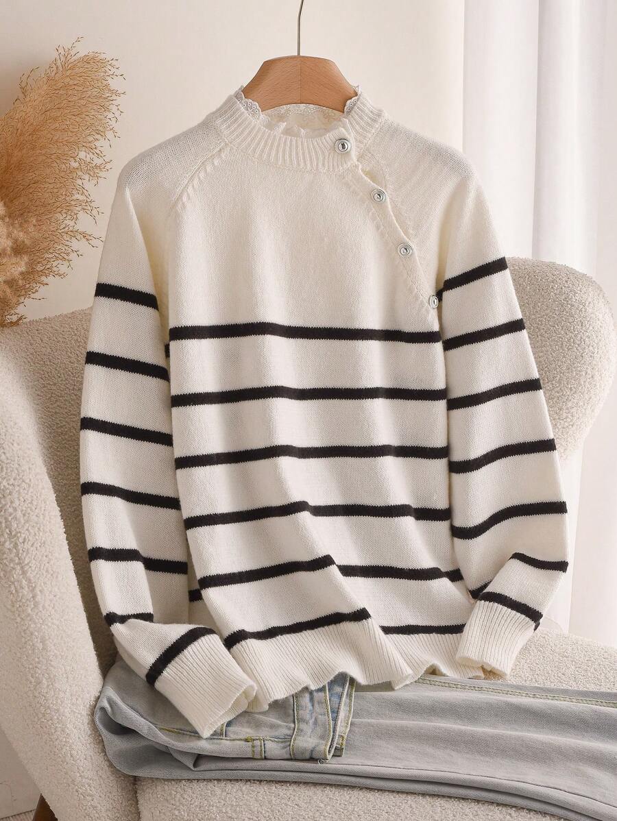SHEIN Frenchy 大码女式休闲拼色条纹毛衣，秋季