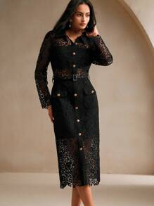 Anewsta Women's Spring/Autumn Long Sleeve Elegant French Lace Waist Slim Dress