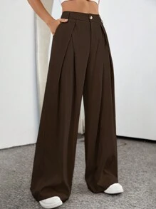 Flirla Casual Solid Color Wide Leg Pants - Coffee Brown - View 5