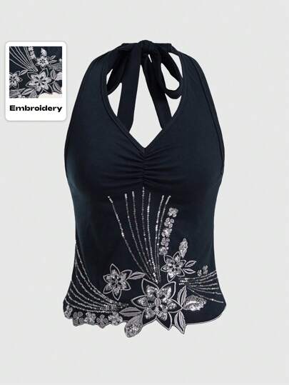 Hippie Sirena Top halter fruncido con lentejuelas florales en contraste