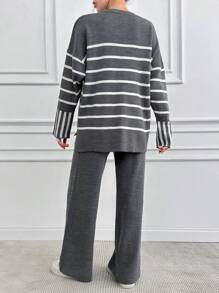 EURMUSE Women Stripe Pattern Round Neck Drop Shoulder Pullover & Sweater Pants Set - Grey - View 3