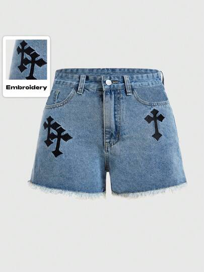 Grunge Punk Shorts in jeans con orlo grezzo e ricamo a croce, per la scuola