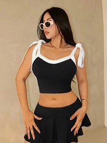 Zolique Contrast Color Patchwork Wide Strap Tie-Up Casual Knit Blouse - Black - View 3