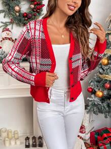 Chiquease Áo khoác cardigan kẻ caro thường ngày và công sở cho nữ vào mùa thu/đông - Đỏ - Xem 3