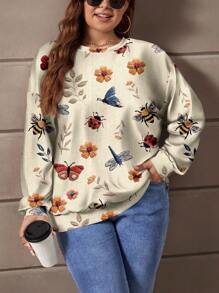 EMERY ROSE Áo nỉ dài tay rộng rãi in họa tiết đơn giản, giản dị, dễ mặc, cỡ lớn dành cho nữ mùa thu - Màu Khaki - Xem 5