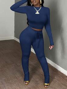 Slaydiva 2 piezas Conjunto informal de mujer de manga larga corta y pantalón deportivo con cordón en la cintura, otoño/invierno - azul real - Ver 4