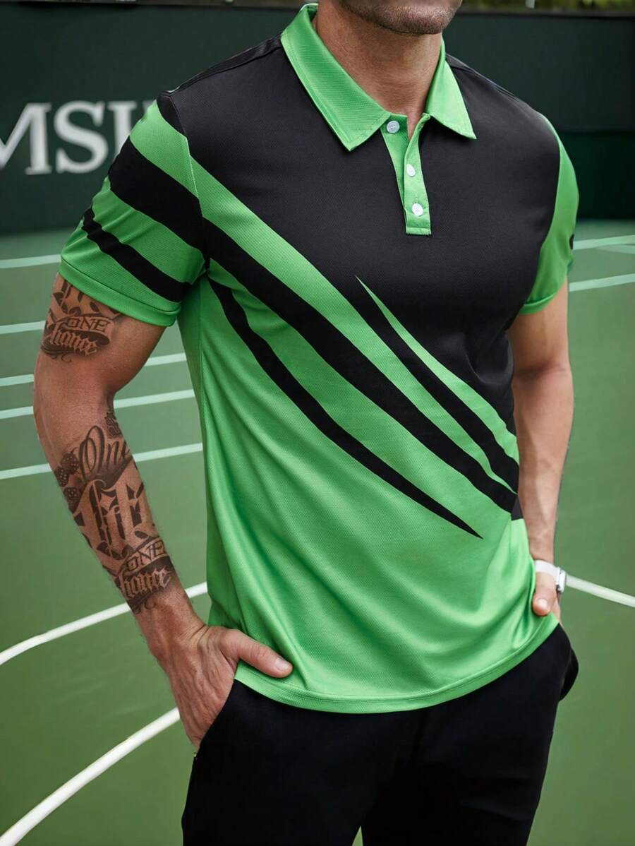 Manfinity Sport Corelite 男友风男士休闲条纹短袖健身 Polo 衫 - 彩色 - 查看 1