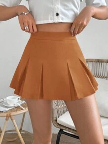 Chiquease Women's Solid Color Pleated A-Line Skirt, Casual Daily Wear