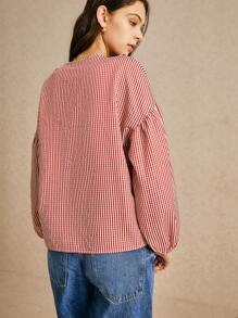 Poéselle 24款新款荷叶边系带上衣、条纹长袖衬衫、休闲女式上衣、秋季女式上衣、红色女式上衣、万圣节女式衬衫 - 紅色 - 查看 5