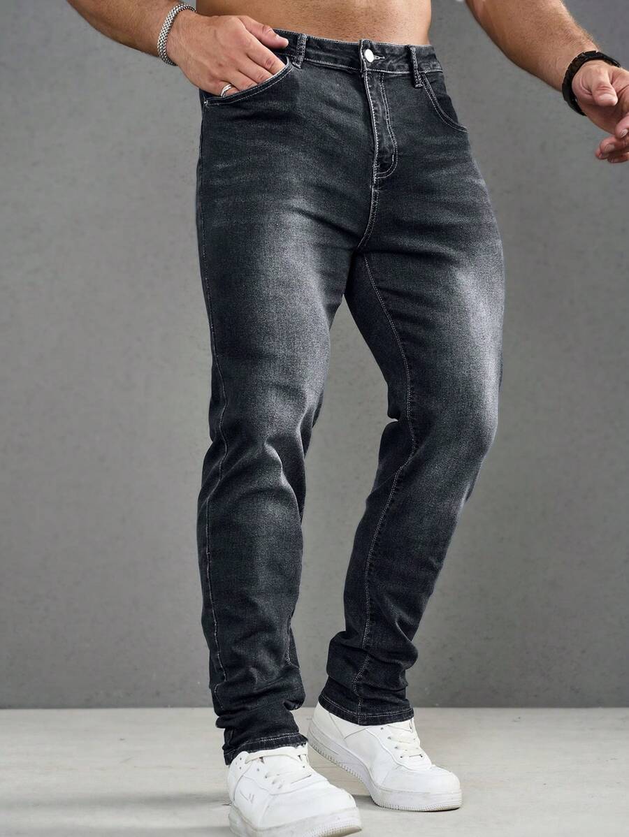 Manfinity Homme Men's Straight Loose Casual Versatile Denim Jeans With Pockets - Grey - View 1