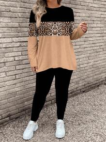 SHEIN LUNE Bộ 2 chiếc/Bộ áo thun dài tay họa tiết da báo tương phản cỡ lớn cho nữ và quần tập yoga, phù hợp cho mùa thu/đông - màu đen - Xem 3