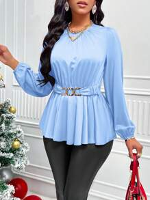 SHEIN Clasi Elegancki damski top z rękawami w jednolitym kolorze i łańcuszkiem, z baskinką i talią