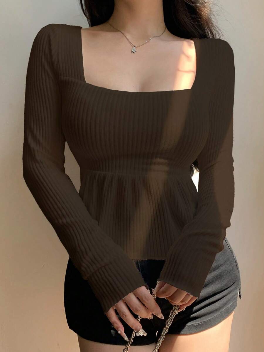 DAZY Women's Square Neck Textured A-Line T-Shirt,Babydoll Top Long Sleeve Women Tops