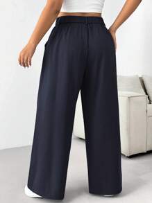 SHEIN EZwear 大码纯色前扣简约西装裤，休闲日常装，毕业装，返校装，秋冬女士教师装 - 藏蓝色 - 查看 2
