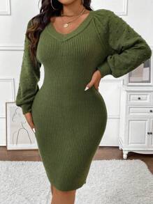 Celure Plus Size Women V-Neck Lantern Sleeve Solid Color Elegant Sweater Dress, Fall-Winter