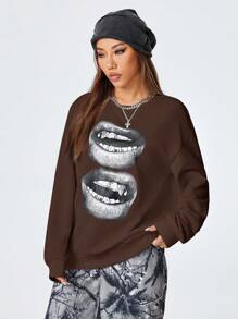 SHEIN EZwear Oversized Women's Vintage Black Lips Print Y2K Style Casual Round Neck Sweatshirt - Coffee Brown - View 4