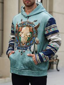 Manfinity LEGND Men's Plus Size Solid Color Patchwork Printed Long Sleeve Hooded Casual Sweatshirt - Multicolor - View 3