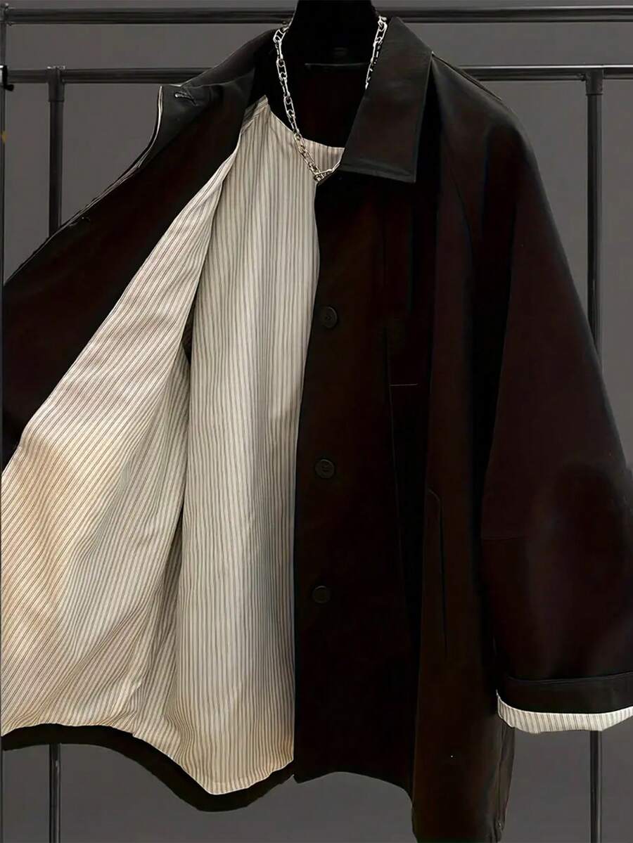 UREREM 单排扣纯色风衣，女士休闲长袖外套，秋冬 - 黑色 - 查看 1