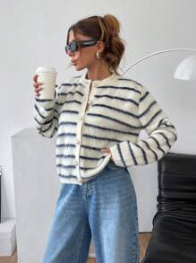 EURMUSE Áo len cardigan nữ họa tiết sọc có nút cài phía trước - Nhiều màu - Xem 1