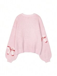 女士情人节休闲蝴蝶图案圆领落肩毛衣，秋冬季，长袖新年上衣粉色