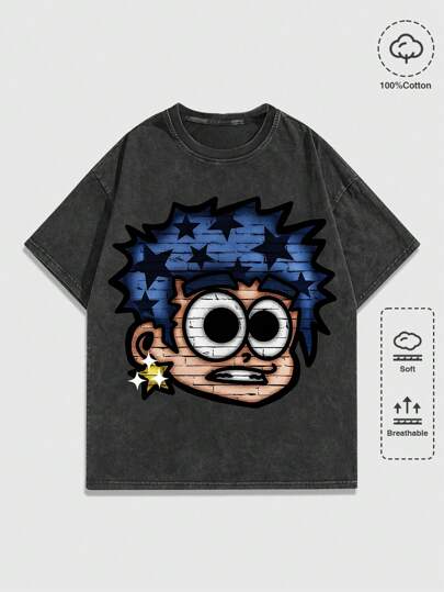 Street Life T-shirt casual à manches courtes à col rond imprimé personnage de dessin animé d'été pour hommes, école