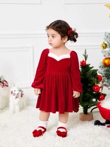 SHEIN Vestido de manga larga de terciopelo rojo elegante y lindo para bebé niña en otoño/invierno, conjunto a juego de mamá e hija para Navidad (2 piezas se venden por separado) - Rojo - Ver 9