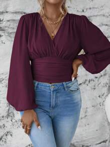 Franclia Blusa de manga larga con cuello en V en unicolor, drapeado y retorcido para tallas grandes