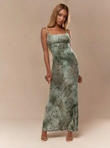 MISSGUIDED Elegant Marble Pattern Maxi Dress For St. Patrick'S Day Celebration Irish-Themed Evening Party Special Occasion Floor Length Sleeveless Bodycon Formal Gown - Olive Green - View 4