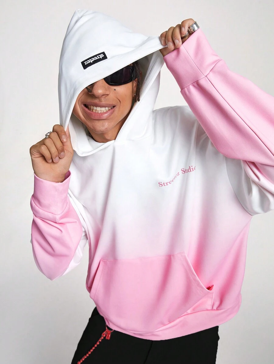 Manfinity NXTstreet Men's Gradient Color Digital Print Loose Fit Long Sleeve Hooded Sweater, For Fall Winter - Pink - View 1