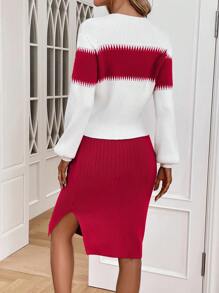 SHEIN Clasi 2pcs Women's Simple Crew Neck Long Sleeve Solid Color Patchwork Blouse And Skirt Casual Set