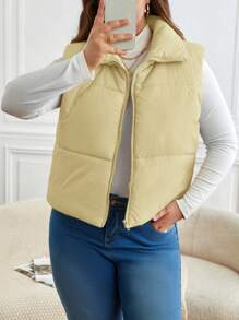 SHEIN Frenchy 大码纯色前拉链无袖简约休闲装 - 黃色 - 查看 1