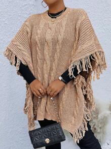 SHEIN LUNE Plus Size Women's Solid Color Fringe Trim Collar & Cuff Pullover Sweater, Autumn/Winter - Khaki - View 4