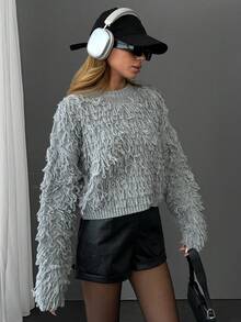 EURMUSE Jersey de cuello redondo con detalles de flecos para mujer - Gris - Ver 3