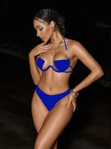 Women's Solid Color Cutout Halter Tied Sexy Bikini 2-Piece Swimwear Set, Summer Beach - Royal Blue - View 6