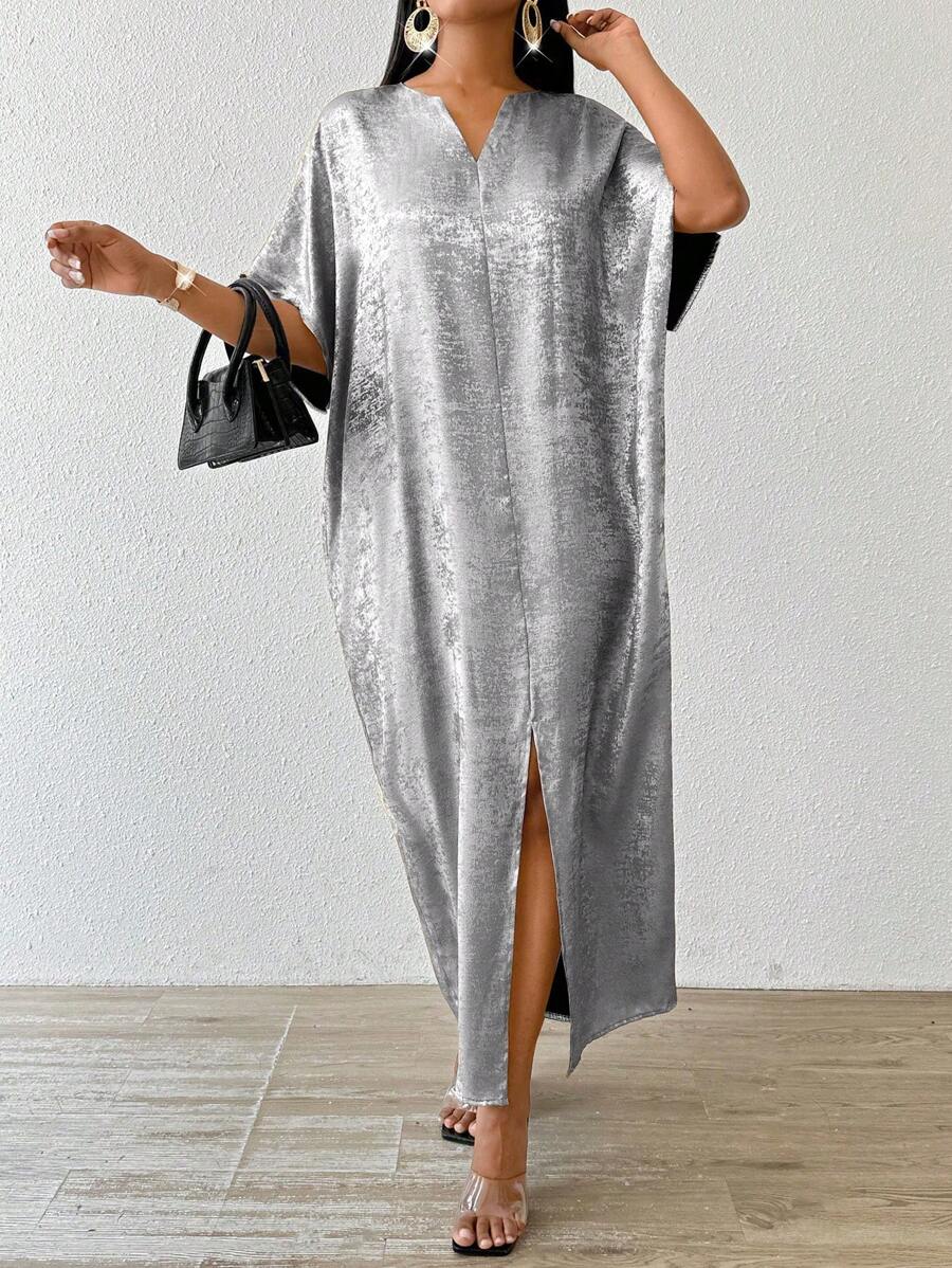 SHEIN Lady 四季/婚礼嘉宾/服装/舞会礼服/金色裙子/晚宴服装/金色女士缎面提花前开衩连衣裙，休闲派对优雅 - 銀色 - 查看 1