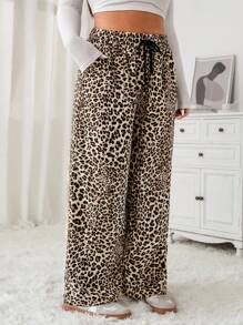 SHEIN EZwear 大码女式豹纹系带腰口袋宽腿宽松裤 - 彩色 - 查看 5