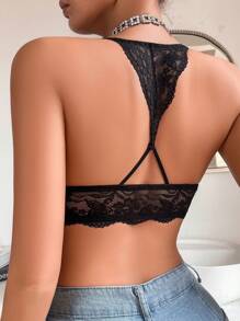 女士前蕾丝闭合文胸加垫聚拢钢圈胸罩 - 黑色 - 查看 4