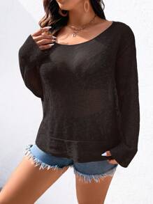 SHEIN LUNE Áo len trễ vai màu trơn thường ngày cỡ lớn - Cà phê nâu - Xem 5