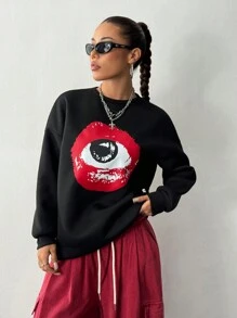 StreetHx Sudadera holgada casual con estampado de ojo para mujer, otoño - Negro - Ver 5