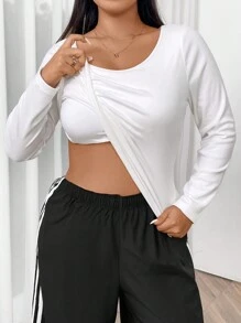 SHEIN EZwear 2pcs Plus Size Women's Round Neck Long Sleeve Black & Multicolor T-Shirt Sets, Spring & Summer - Multicolor - View 4